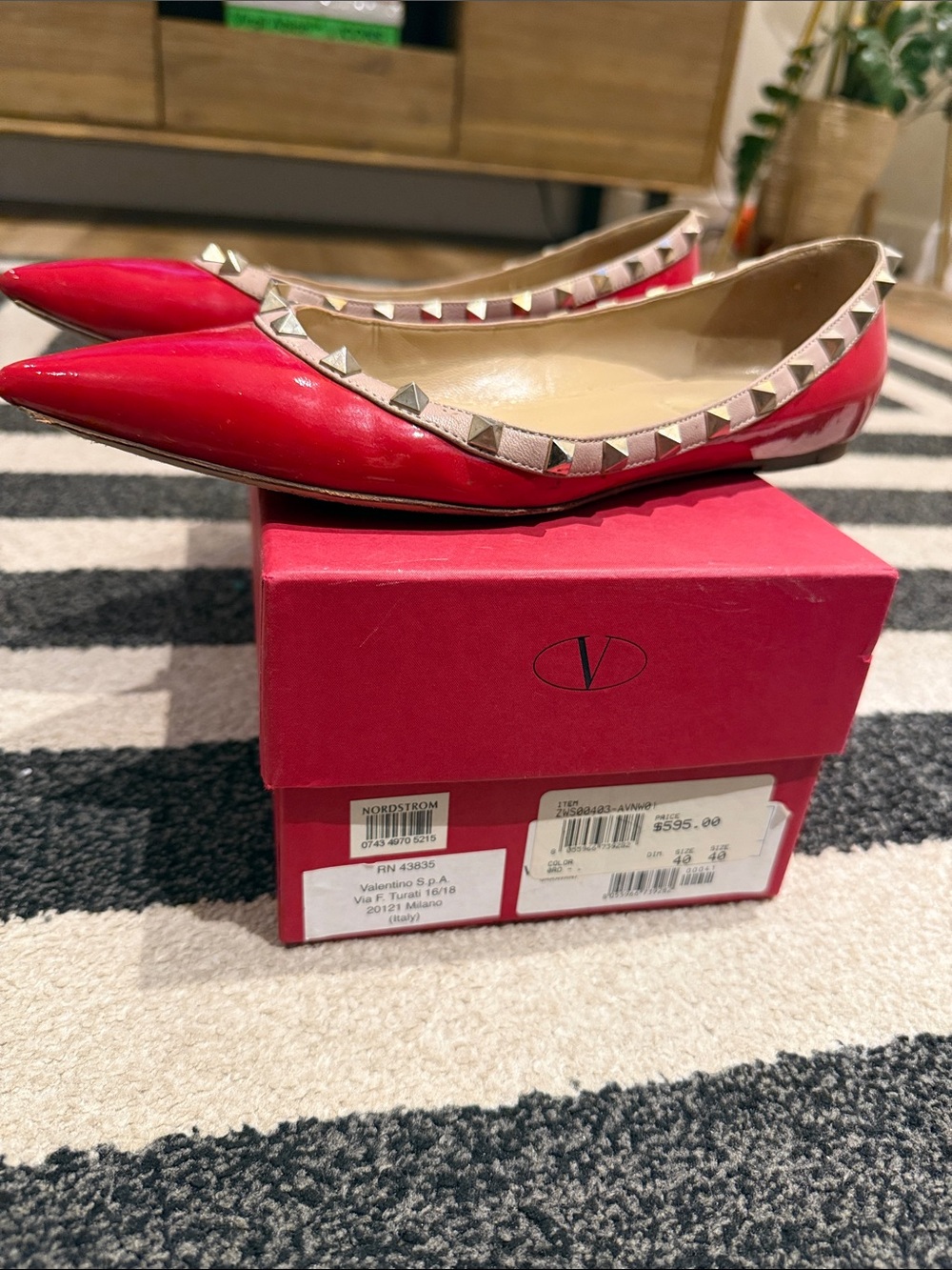 Valentino Red Patent Pointed Rockstud-Trim Ballet Flats
